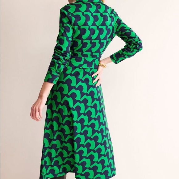 Boden Laura Green and Navy Geometric Print Midi Dress Tie Waist Long Sleeve 6P - Picture 2 of 12